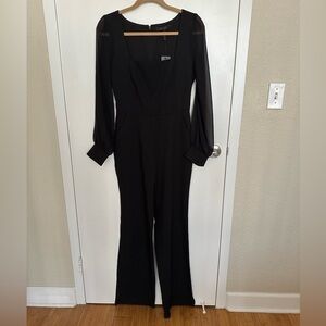 BCBGMaxAzria Black Long-Sleeve Square-Neck Jumpsuit with Sheer Sleeves